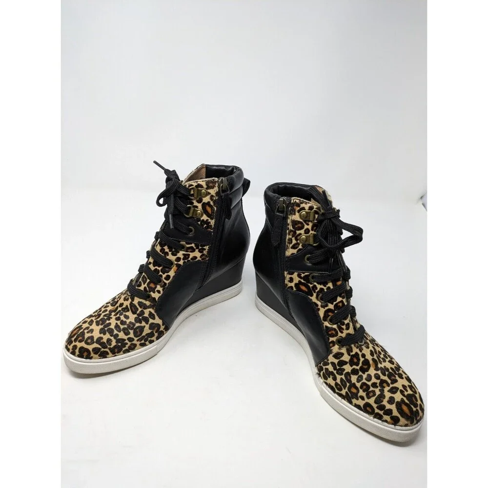 LINEA PAOLO Fleur Wedge Sneakers Leopard Print Calf Hair Leather Black Size 7M